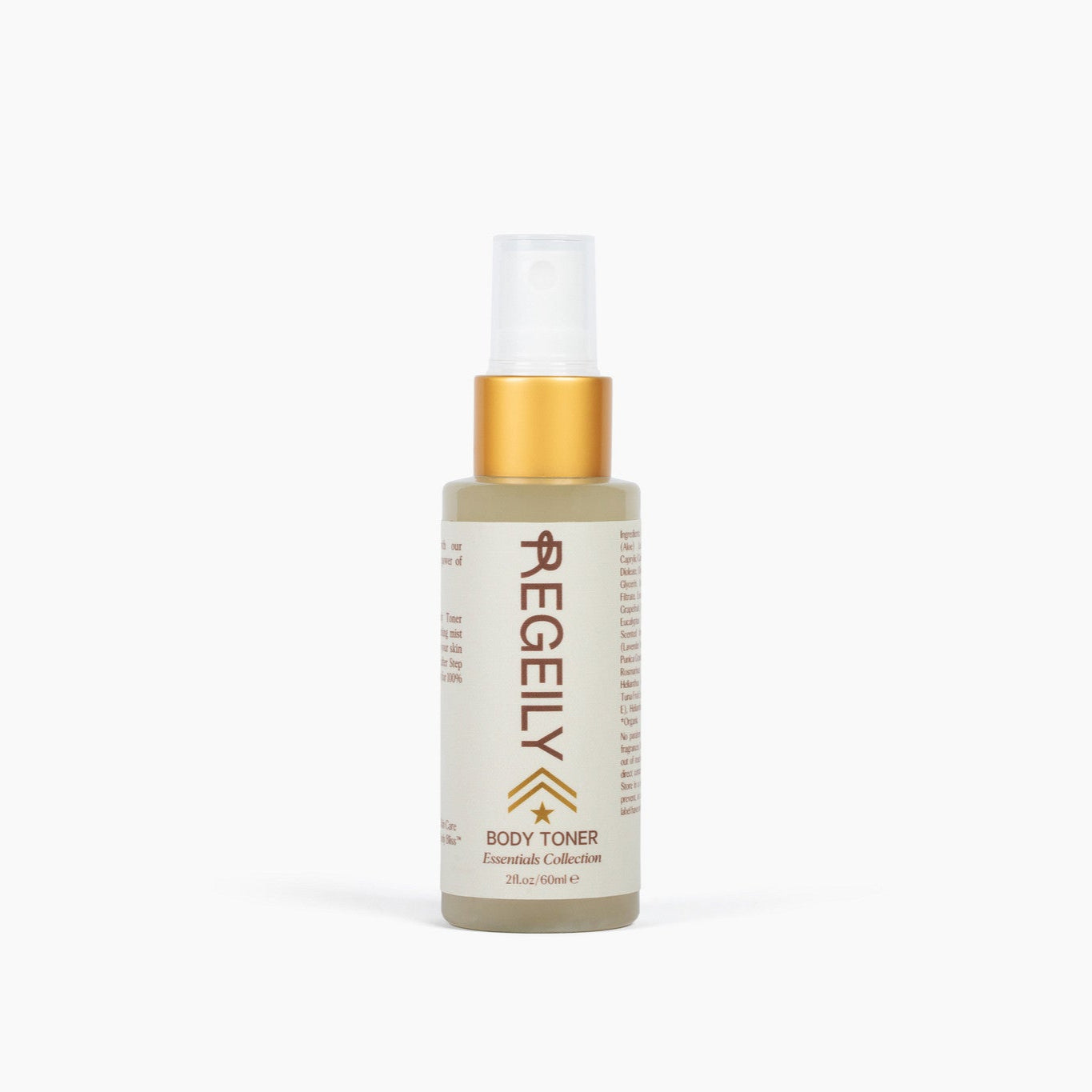 Bottle of Regeily body toner on a white background