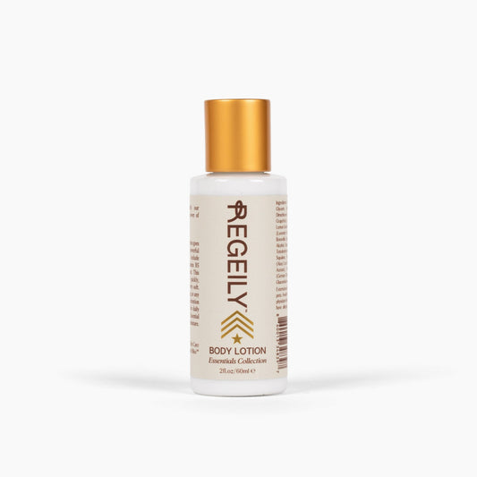 Body lotion with gold cap and white label on a white background